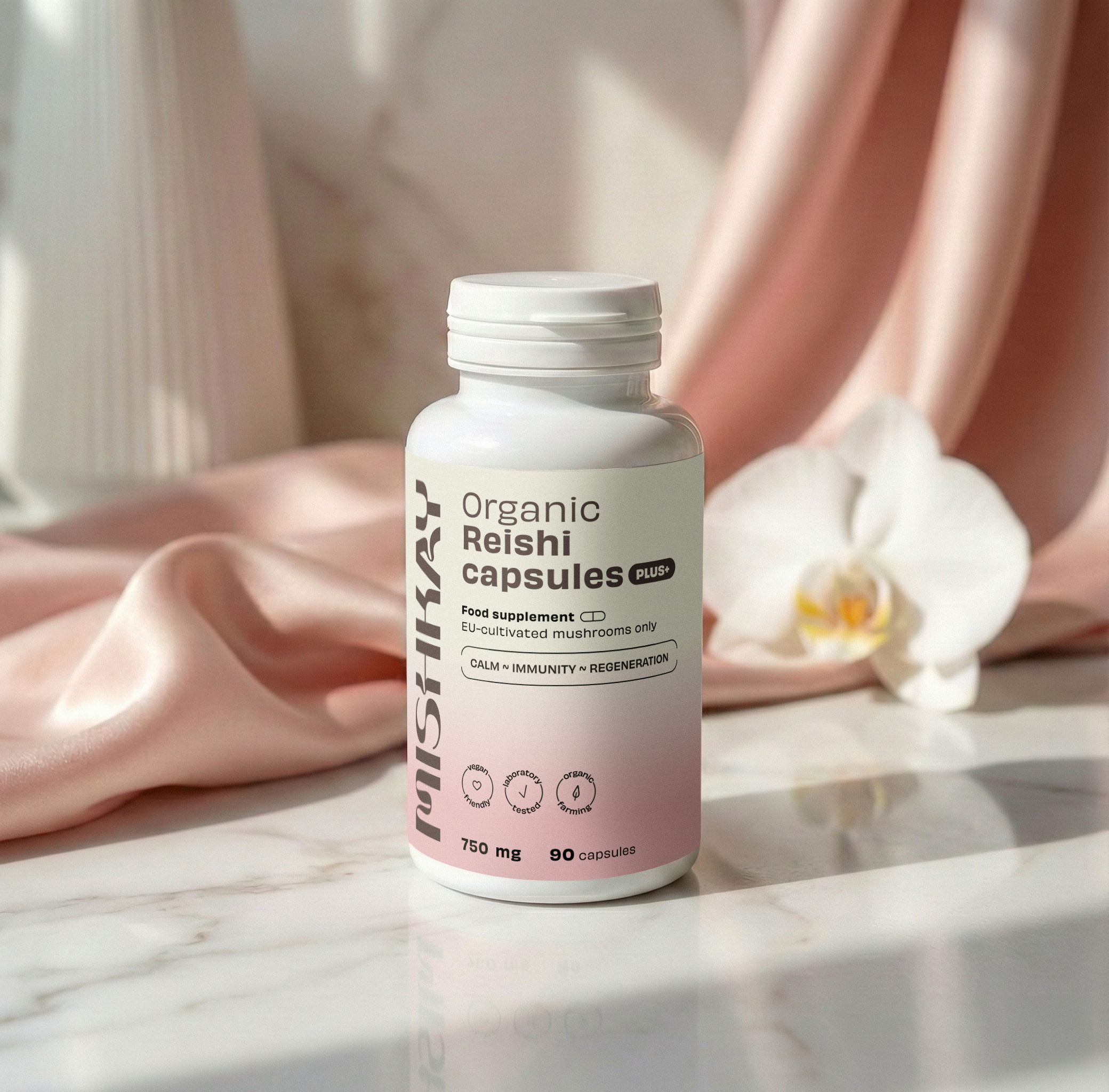 Organic Reishi Capsules PLUS+, 750mg. (90 capsules)