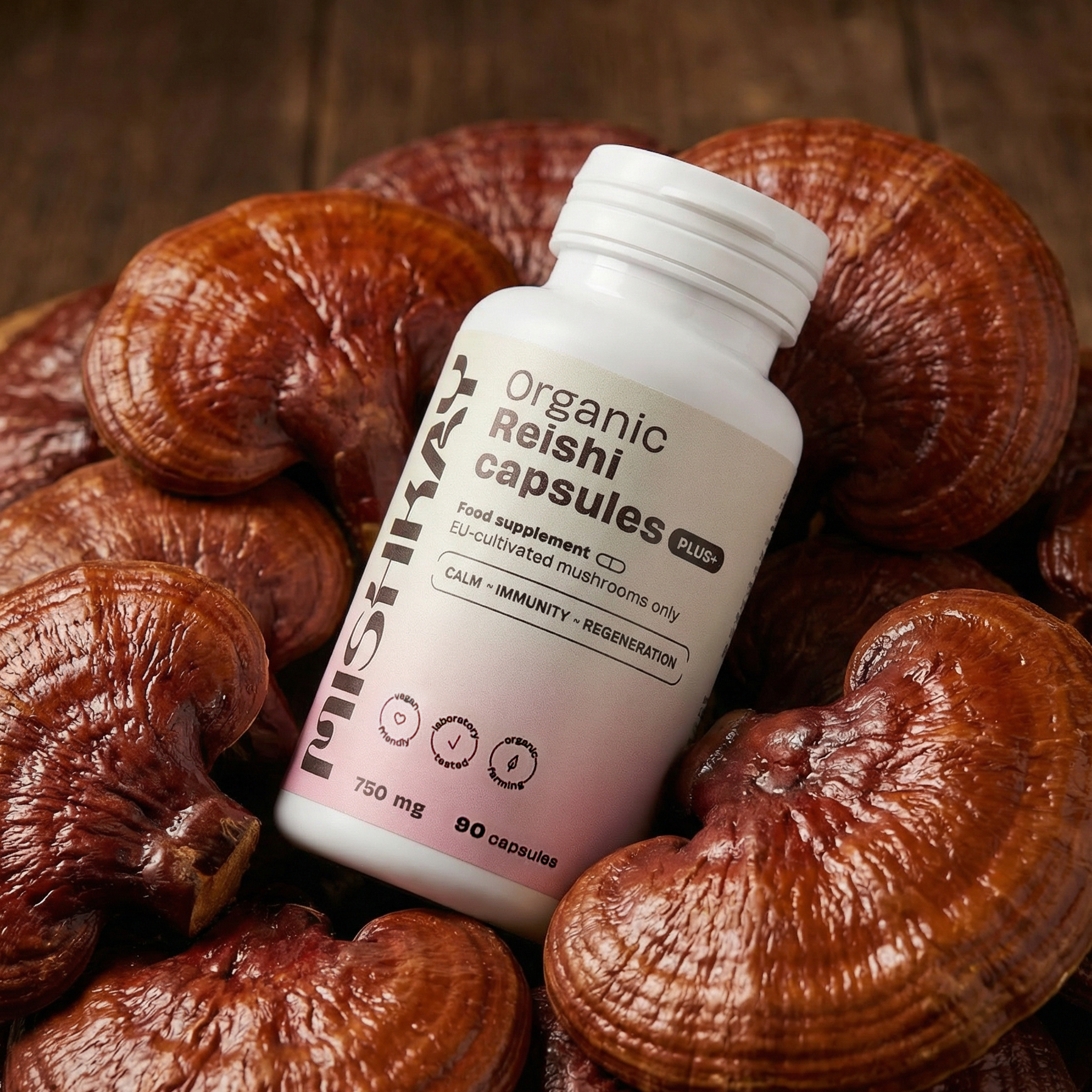 Organic Reishi Capsules PLUS+, 750mg. (90 capsules)